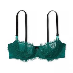 Plush Velvet And Delicate Lace Are Better Together On A Romantic Bra Featuring The Wicked Cup Technology You Love For A Flattering Lift Without Padding. Lift & Lining Unlined With Innovative Sling To Provide Push-Up Without Padding Underwire Straps & Hooks Adjustable Straps Hook-And-Eye Closures At Back Details & Fabric Velvet Straps Ribbon Detail And Jewel Charm At Front Partially Made With Recycled Materials Hand Wash Green Lace Bra With Padded Cups, Green Fitted Lace Bra, Green Lace Bra With Lace Trim, Green Lace Party Bra, Elegant Green Underwire Bra, Fitted Green Bra Partially Lined, Fitted Partially Lined Green Bra, Fitted Victoria's Secret Lace Bra, Elegant Green Bra With Lace Trim