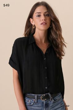 The styling possibilities are endless with the Lulus Everlee Black Striped Button-Up Top! Semi-sheer woven fabric, with a tonal striped pattern, shapes this cute top with a collared neckline and short cuffed sleeves. Relaxed bodice, with a full button placket down the front, tucks perfectly into your favorite high-waisted bottoms thanks to a rounded hem that's slightly longer at back. Fit: This garment fits true to size. Length: Above mid-thigh. Size medium measures 26.5" from shoulder to hem. B Black Buttoned Tops For Everyday, Highschool Reunion Outfit, Professional Summer Work Outfits, Black Button-up Blouse For Everyday, Classic Black Button-up Blouse, Madewell Tops, Black Button-up Tops With Covered Buttons, Black Button-up Blouse With Relaxed Fit, Button Down Outfit