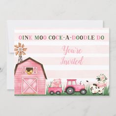 a pink farm animal birthday card with an image of a barn and tractor on it