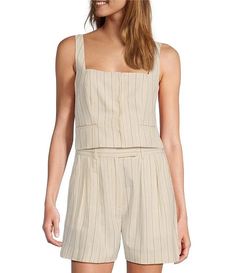 Suri Pin Stripe Square Neck Sleeveless Vest | Dillard's Sleeveless Linen Vest For Daywear, Spring Tank Vest For Daywear, Beige Tank Top For Daywear, Beige Vest For Summer Daywear, Beige Linen Sleeveless Tank Top, Beige Sleeveless Tank Top For Daywear, Sleeveless Linen Tank Top For Daywear, Linen Vest Tops For Daywear, Pin Stripe