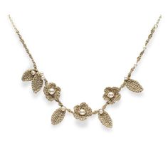 The glittering gold crochet with a pretty flower and leaf motif is adorned with Swarovski pearls, and the neck part consists of a gold-plated silver chain with a different atmosphere from the front part. The necklace is adjustable from 45-55 cm and can be easily adjusted to fit the bust opening of your outfit. size - 48cm color - gold material - polyester polyester Swarovski crystal pearl 925 silver chain Elegant Adjustable Flower Necklace With Delicate Chain, Adjustable Gold Flower-shaped Beaded Necklace, Elegant Gold Metal Flower Necklace, Gold Beaded Necklaces With Flower Charm, Gold Flower Beaded Chain Jewelry, Gold Beaded Necklaces With Flower Charm As Gift, Gold Beaded Chain Flower Jewelry, Gold Flower-shaped Beaded Chain Jewelry, Gold Flower Shaped Beaded Chain Jewelry