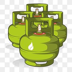 four green gas tanks with nozzles on them, one is empty and the other has