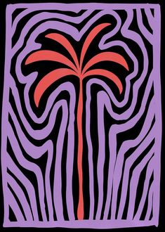 a drawing of a palm tree in the middle of a zebra print pattern, with orange and purple colors