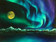 an oil painting of the aurora bore over mountains and water with a full moon in the sky