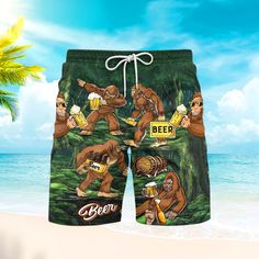 men's shorts with beer and monkeys on the beach in front of palm trees