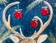 a painting of a deer with christmas decorations on its antlers