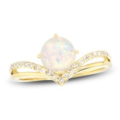 Lab-Created Opal & Diamond Chevron Ring 1/8 ct tw 10K Yellow Gold | Jared Gold Credit Card, Iridescent Color, Diamond Fashion Jewelry, Chevron Ring, Anniversary Jewelry, Popular Jewelry, Split Shank, Diamond Fashion, October Birth Stone