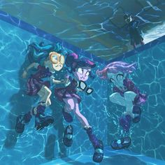 three cartoon characters standing in the water near each other with scuba gear on their feet