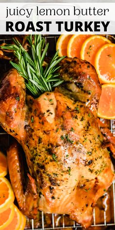 a roasted turkey with orange slices and rosemary garnish