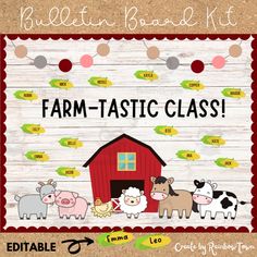 a farm - tastic class sign on a wooden table with cows and sheep around it