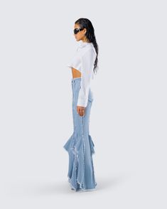 Add a little flare to your closet with this sassy two-piece set 💅 Pairing a white long sleeve cropped top with blue denim frayed jeans, this fit is bound to cause commotion anywhere you go 🤍 Fitted Cropped Bottoms With Frayed Hem, Spring Denim Bottoms With Cropped Hem, Fitted Cropped Denim Flare Jeans, Spring Cropped Hem Denim Bottoms, Fitted Cropped Flare Jeans, Chic Cropped Fitted Flare Jeans, Cropped Denim Flare Jeans With Frayed Hem, Cropped Flare Jeans With Frayed Hem, Cropped Denim Blue Flare Jeans With Frayed Hem