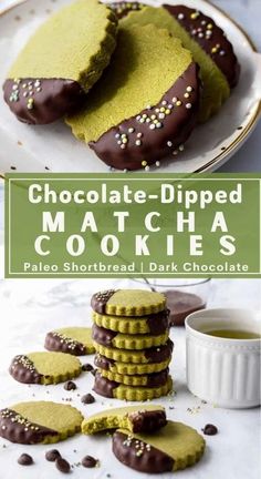 chocolate dipped matcha cookies are stacked on top of each other