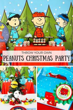 peanuts christmas party with red table cloth and blue decorations, including candy box toppers