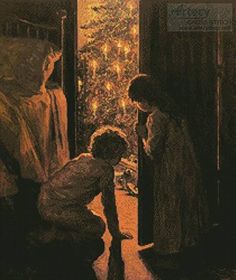 a painting of two children looking at a christmas tree