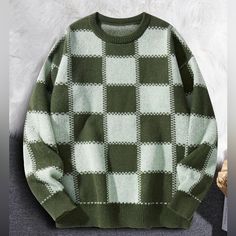 Dark Green And White Plaid Checkered Sweater 100% Polyester Size Small Brand New Mens Sage Green Sweater, Plade Sweater, Matt Sturniolo Wearing Dinosaur Sweater, Sweaters For Fall, Sweater Men, Sweaters Men, Grandpa Sweater, Plaid Sweater, Sweaters Crewneck