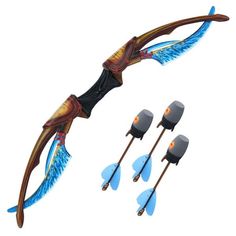 an image of a bow and arrows with blue feathers on it's tip ends