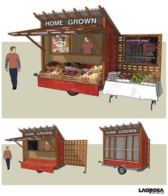 three different views of a food cart with people walking past it and another drawing of a man standing in front of the stall