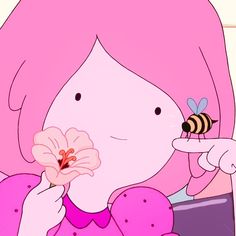 a girl with pink hair holding a flower and a bee on her finger while looking at the camera