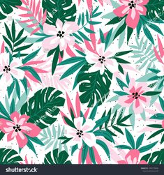 seamless floral pattern with pink and green leaves on white background stock photo, royalty