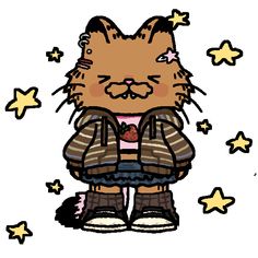 a cat wearing a jacket and boots with stars around it