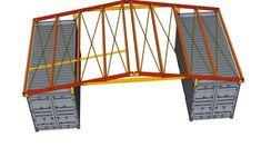 an orange and yellow metal structure with two doors on each side, attached to the ground