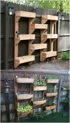 a wooden book shelf sitting next to a fence