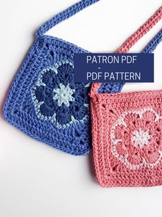 two crocheted purses sitting next to each other