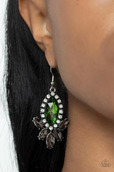 A fan of smoky marquise cut rhinestones flares out from the bottom of an oversized green marquise cut rhinestone that is bordered in dainty white rhinestones, resulting in a dramatically dazzling display. Earring attaches to a standard fishhook fitting.

 Sold as one pair of earrings. Pink Peacock, Mobile Boutique, Paparazzi Accessories, White Rhinestone, Black Feathers, Green Earrings, Silver Bars, Paparazzi Jewelry, Jewelry Cleaner