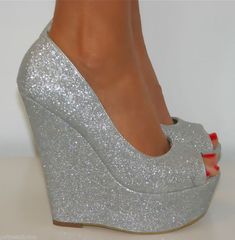 LADIES SIZE 4 SILVER GLITTER PEEP TOE WEDGE HIGH HEELS SLIP ON SHOE SANDAL PROM on Wanelo Prom Wedges, Sparkly Wedges, Spoiled Princess, Silver Glitter Shoes, Peep Toe Wedding Shoes, Platform Wedge Heels, High Heel Wedges