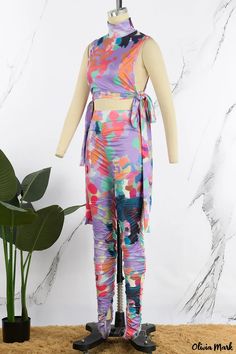 Olivia Mark - Stylish Womens Multicolor Floral Print Bandage Turtleneck Sleeveless Two-Piece Ensemble Fold Turtleneck, Turtleneck Dress Sleeveless, Turtleneck Sleeveless, Sleeveless Suit, Sleeveless Turtleneck, Womens Turtleneck, Turtle Neck Dress, Casual Sets, Bandage Dress