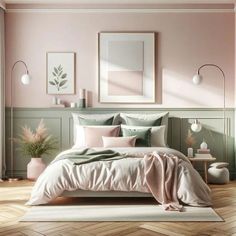 a bedroom with pink walls and wooden flooring is pictured in this image, the bed has