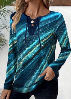 Color:Peacock Blue;Size:S;Size:M;Size:L;Size:XL;Size:XXL;Package Contents:1 X T Shirt;Occasion:Other;Style:Casual; Blue Long Sleeve Printed T-shirt, Blue V-neck T-shirt For Fall, Casual Printed Turquoise Tops, Casual Turquoise Printed Top, Long Sleeve Turquoise Tops For Fall, Turquoise Long Sleeve Tops For Fall, Geometric Clothing, Ombre Lace, Waistcoat Dress