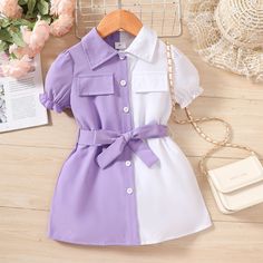 * Colorblock & Button Design
* Soft and comfy
* Includes: 1*dress
* Material: 100% Polyester
* Machine wash, tumble dry
* Imported Kids Casual Dress, Children Fashion Sketch, Belted Dresses, Colorblock Shirt, Purple Girls Dress, Purple Outfit, Toddler Girl Summer, Kids Dress Wear, Summer Outfits Kids