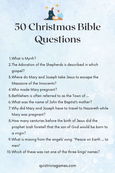 the christmas bible questions are shown in this blue and white poster with snowflakes on it