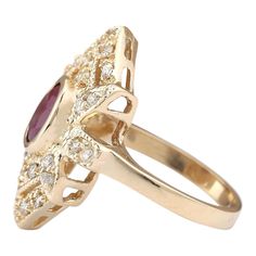 Stamped: 14K Yellow Gold Total Ring Weight: 7.1 Grams Gemstone Weight: Total Natural Ruby Weight is 1.25 Carat (Measures: 9.45x7.65 mm) Color: Red Diamond Weight: Total Natural Diamond Weight is 0.50 Carat Quantity: 28 Color: F-G, Clarity: VS2-SI1 Face Measures: 25.70x18.90 mm Sku: [703274W] Gold Ruby Ring With Marquise Cut And Accent Stones, Heirloom Ruby Ring With Accent Stones For Formal Occasions, Formal Marquise Ruby Ring With Accent Stones, Oval Ruby Cluster Ring Stamped 14k, Gold Ruby Ring With Marquise Accent Stones, Gold Ruby Ring With Marquise Center Stone, Yellow Gold Ruby Ring With Marquise Cut, Gold Ruby Marquise Ring With Center Stone, Oval Ruby Ring In Art Deco Gold Style