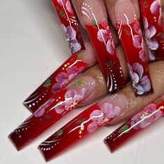 Red Flower Nails, Mexico Nails, Xl Nails, Quinceanera Nails, Acrylic Toes, Long Acrylic Nail Designs, Drip Nails, Nails Nail Polish