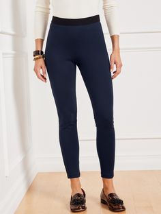 Talbots Soho Leggings. The modern, go-everywhere legging. Sculpting ponte knit fabric shapes and smooths. Features Legging Skinny leg Hits at waist Ankle length Pull on closure Imported Fit: Misses: 28"; Petite: 25 1/2"; Plus: 28"; Plus Petite: 25 1/2" Material: 67% Rayon, 29% Nylon, 4% Spandex Care: Machine wash cold; only non-chlorine bleach when needed; reshape, lay flat to dry; warm iron with steam if needed | Talbots Soho Leggings - Solid Ankle Pants, Soho, Ankle Length, Stretch Denim, Lay Flat, Business Casual, Pant Jumpsuit, Size 16, Steam