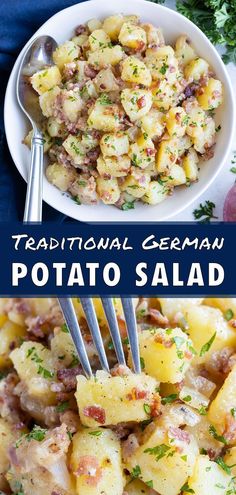 two pictures with potatoes and meat in them