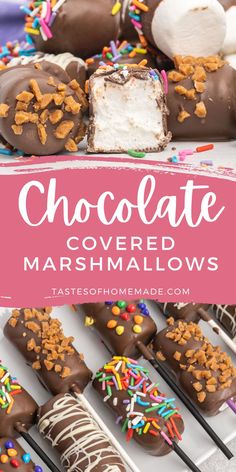 chocolate covered marshmallows with sprinkles on them and the title overlay reads, chocolate covered marshmallows