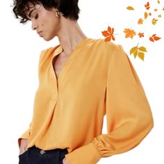 In Yellow Band Collar With Split Neckline. Long Sleeves With Button Cuffs. Shirring Around Neckline And Shoulders. Back Yoke With Shirring. Straight Hem. 100% Polyester. Machine Wash. Fall V-neck Blouse With Buttons, Fall V-neck Shirt With Button Closure, V-neck Buttoned Blouse For Fall, Chic Button-up Fall Blouse, Chic Button-up Blouse For Fall, Chic Fall Button-up Blouse, Fall V-neck Shirt With Buttons, Fall V-neck Blouse With Blouson Sleeves, Chic V-neck Shirt For Fall