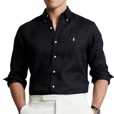 Polo Ralph Lauren Button-Down Collar Logo-Embroidered 100% Linen Shirt Slim Fit Brand New With Tags And Mr. Porter Tags Attached Designer Black Shirt With Button Closure, Classic Black Button-up Shirt, Designer Black Shirt With Spread Collar, Designer Black Shirt With Button Cuffs, Black Linen Button Shirt, Designer Black Tops With Spread Collar, Designer Black Top With Spread Collar, Classic Black Linen Shirt, Black Collared Linen Shirt