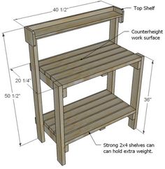 the plans for an outdoor potting bench are shown in two different sizes and colors