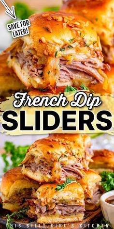 the french dip sliders are stacked on top of each other and ready to be eaten