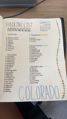 an open notebook with the colorado packing list on it