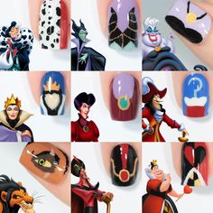 Musical Nail Art, Disney Villain Crafts, Disney Villian Nail Art, Disney Nails Villains, Villain Nails Disney, Villains Nails