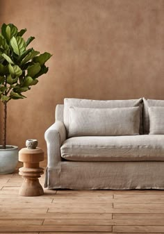 a couch sitting on top of a wooden floor next to a potted plant