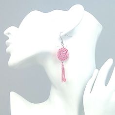 These earrings are an elegant piece of crochet jewelry that can elevate your outfit all-year around.  MEASUREMENTS: circle  width 2 cm drop length   7,5 cm  These earrings can be also matched with a similar crochet pendant necklace in the same monochromatic colour or combination of two colours double-side crochet pendant necklace. You can see the necklaces in my shop at the Crochet Necklaces Section https://www.etsy.com/your/shops/me/tools/listings/section:38914616,sort:price,order:ascending,sta Monochromatic Colour, Crochet Pendant, Circle Crochet, Crochet Necklaces, Boho Drop Earrings, Earrings Crochet, Micro Crochet, Elegant Crochet, Crochet Pink