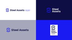 the logo for steel asset is shown in three different colors and font, as well as an