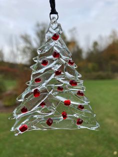 a glass christmas tree ornament hanging from a string in a field with grass