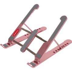 two pink and gray metal folding chairs on a white background, with the seat folded down